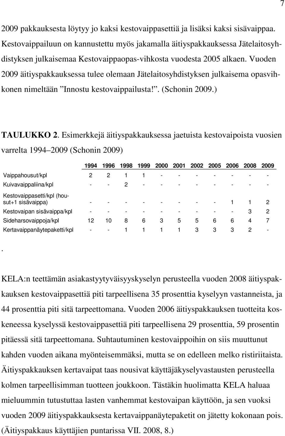 Vuoden 2009 äitiyspakkauksessa tulee olemaan Jätelaitosyhdistyksen julkaisema opasvihkonen nimeltään Innostu kestovaippailusta!. (Schonin 2009.) TAULUKKO 2.