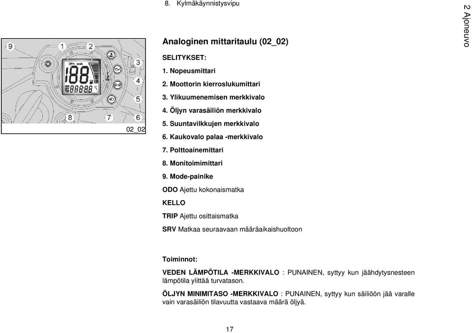 Mode-painike ODO Ajettu kokonaismatka KELLO TRIP Ajettu osittaismatka SRV Matkaa seuraavaan määräaikaishuoltoon Toiminnot: VEDEN LÄMPÖTILA -MERKKIVALO :