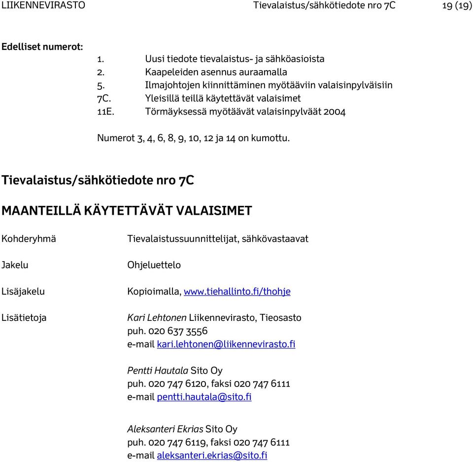 Tievalaistus/sähkötiedote nro 7C MAANTEILLÄ KÄYTETTÄVÄT VALAISIMET Kohderyhmä Jakelu Lisäjakelu Lisätietoja Tievalaistussuunnittelijat, sähkövastaavat Ohjeluettelo Kopioimalla, www.tiehallinto.