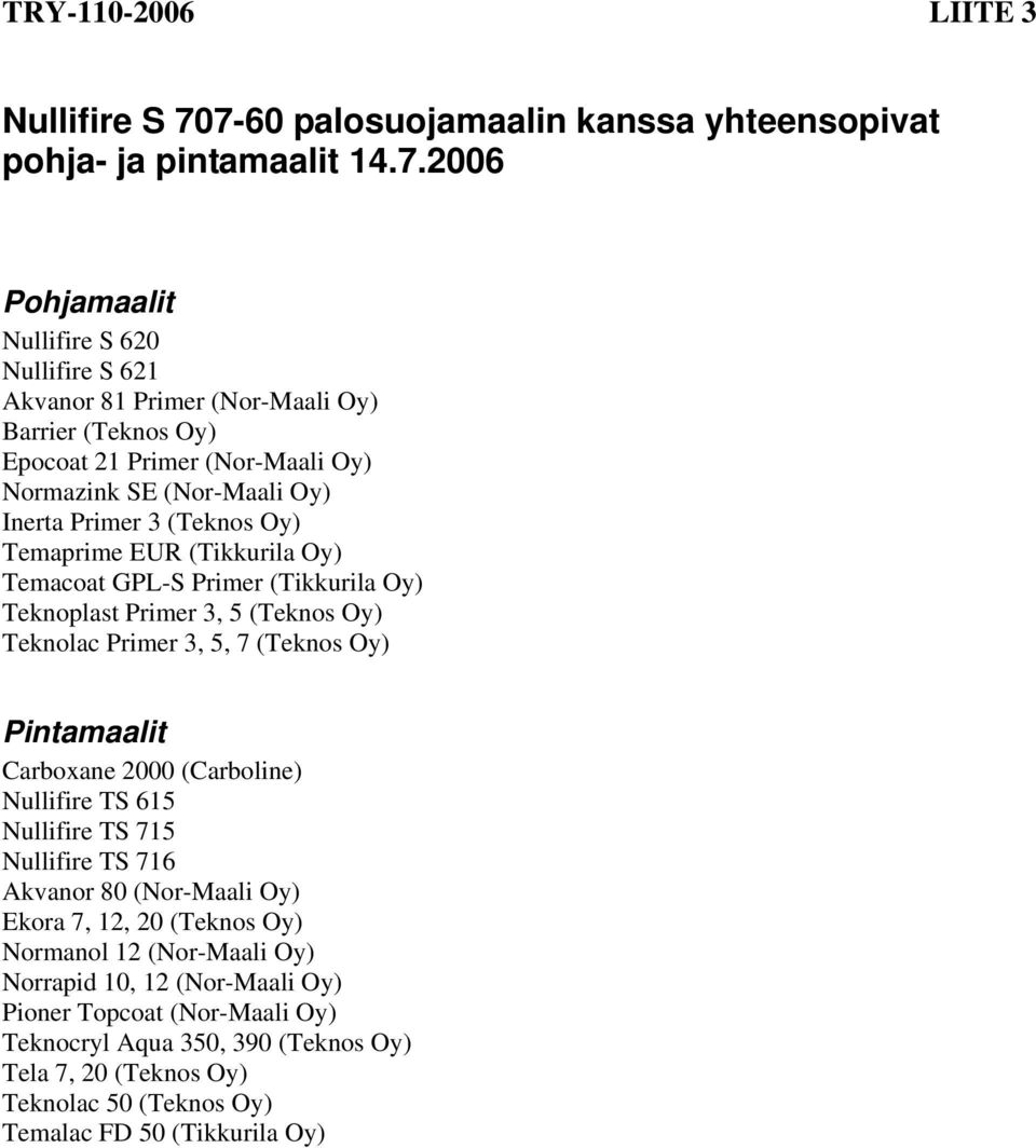 (Nor-Maali Oy) Normazink SE (Nor-Maali Oy) Inerta Primer 3 (Teknos Oy) Temaprime EUR (Tikkurila Oy) Temacoat GPL-S Primer (Tikkurila Oy) Teknoplast Primer 3, 5 (Teknos Oy) Teknolac Primer 3, 5,