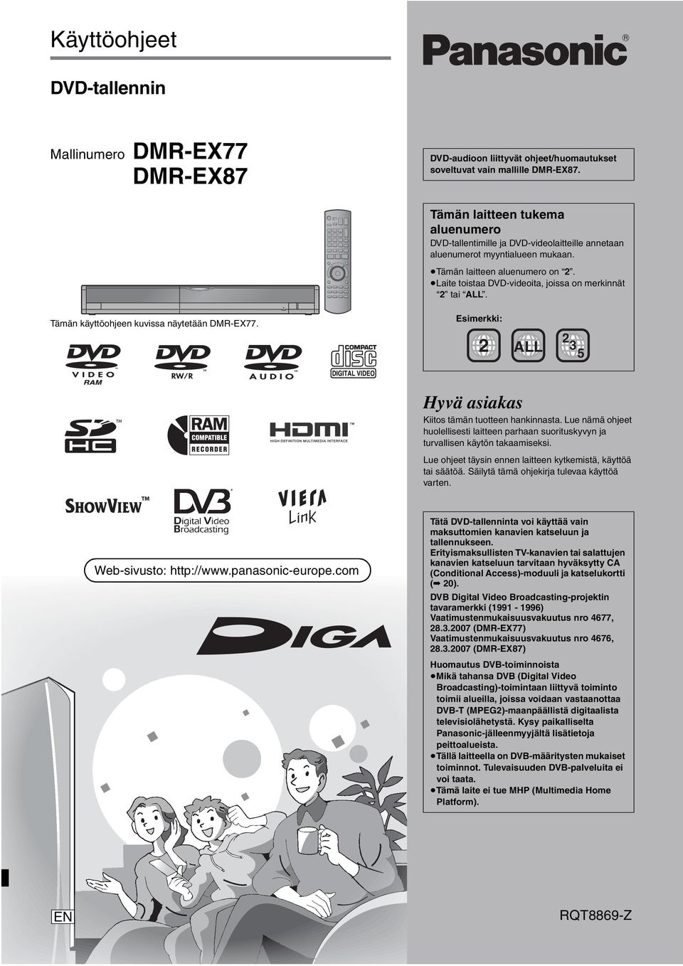 Laite toistaa DVD-videoita, joissa on merkinnät 2 tai ALL. Tämän käyttöohjeen kuvissa näytetään DMR-EX77. Esimerkki: 2 2 ALL 3 5 Hyvä asiakas Kiitos tämän tuotteen hankinnasta.