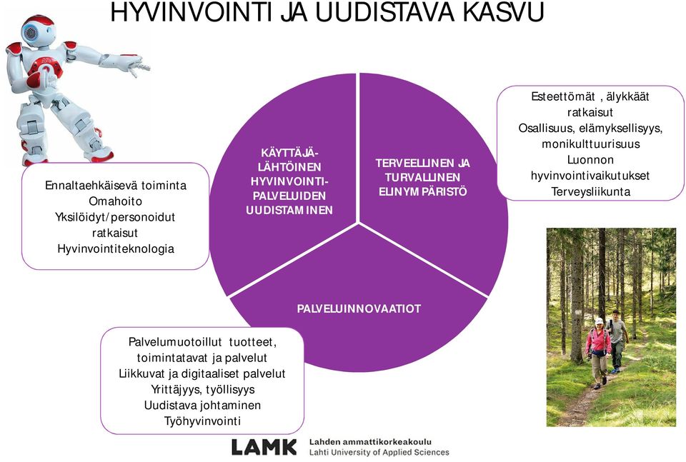 ratkaisut Osallisuus, elämyksellisyys, monikulttuurisuus Luonnon hyvinvointivaikutukset Terveysliikunta PALVELUINNOVAATIOT