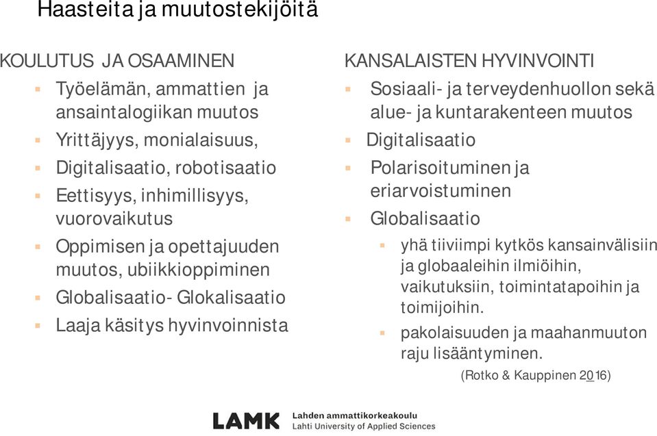 HYVINVOINTI Sosiaali- ja terveydenhuollon sekä alue- ja kuntarakenteen muutos Digitalisaatio Polarisoituminen ja eriarvoistuminen Globalisaatio yhä tiiviimpi