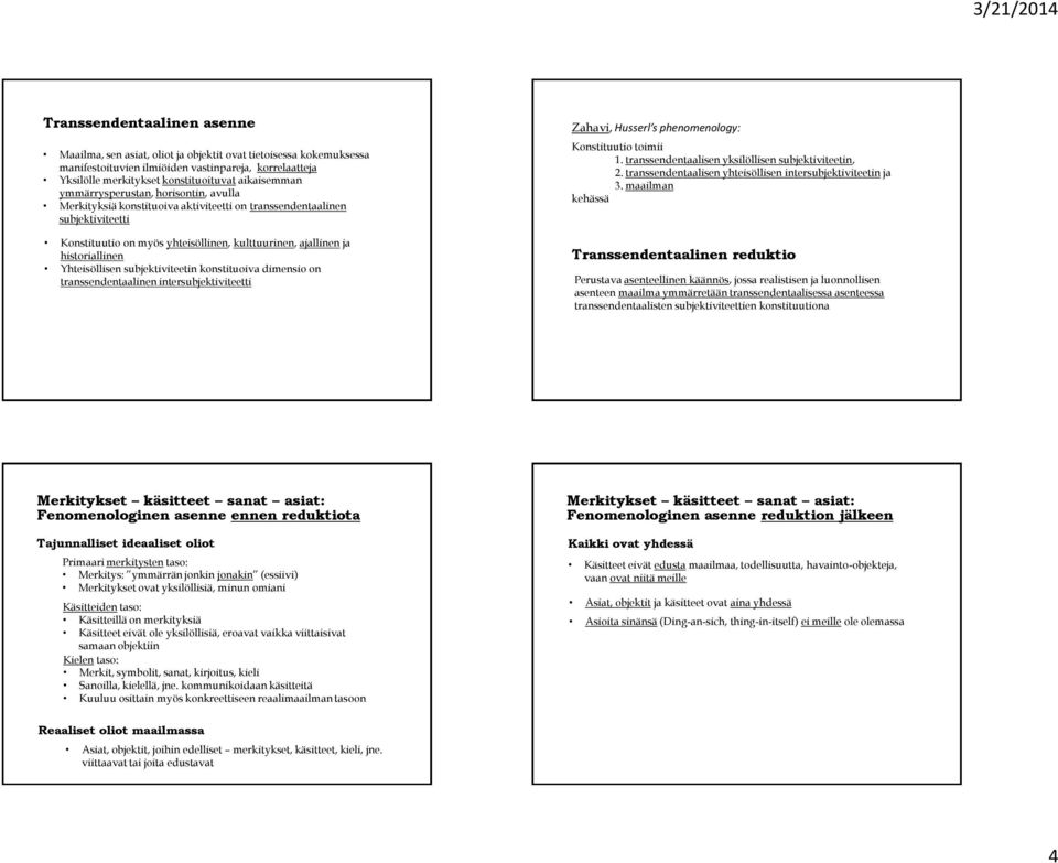 Yhteisöllisen subjektiviteetin konstituoiva dimensio on transsendentaalinen intersubjektiviteetti Zahavi, Husserl s phenomenology: Konstituutio toimii 1.