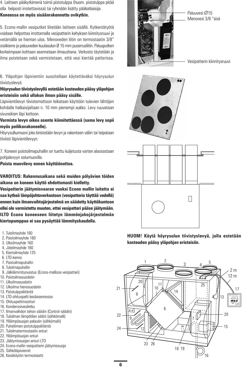 Menoveden liitin on termostaatin 3/8 sisäkierre ja paluuveden kuulasulun Ø 15 mm puserrusliitin. Paluuputken korkeimpaan kohtaan asennetaan ilmaushana.