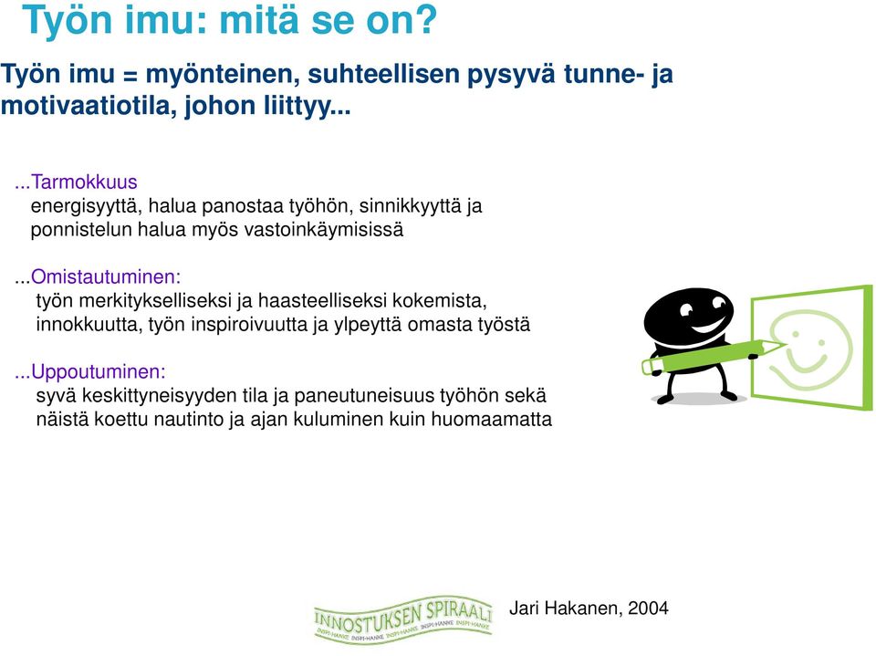 ..omistautuminen: työn merkitykselliseksi ja haasteelliseksi kokemista, innokkuutta, työn inspiroivuutta ja ylpeyttä omasta