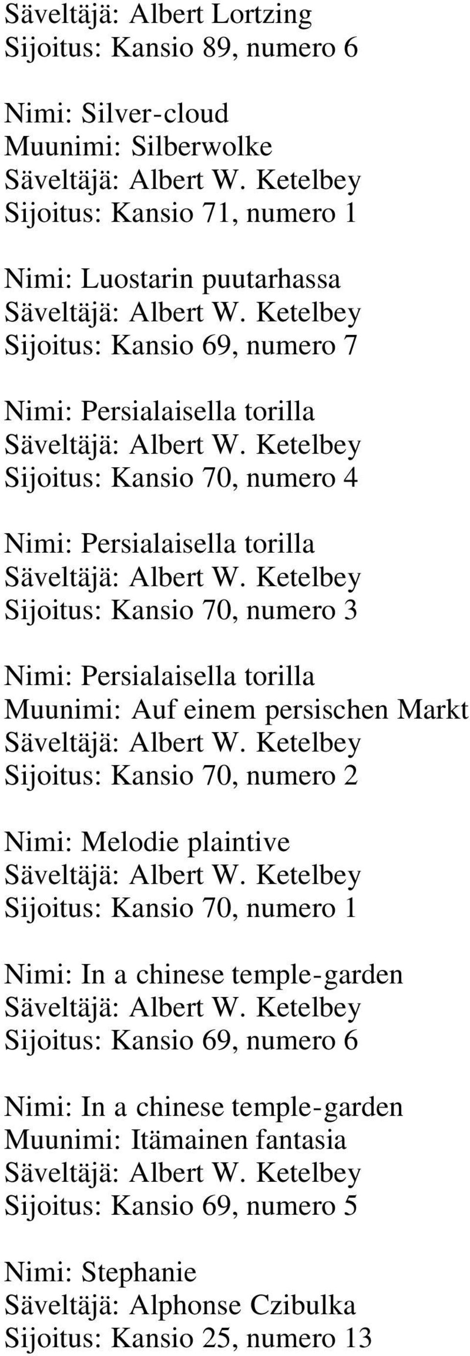 Ketelbey Sijoitus: Kansio 70, numero 4 Nimi: Persialaisella torilla Säveltäjä: Albert W.