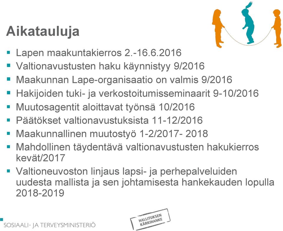 verkostoitumisseminaarit 9-10/2016 Muutosagentit aloittavat työnsä 10/2016 Päätökset valtionavustuksista 11-12/2016
