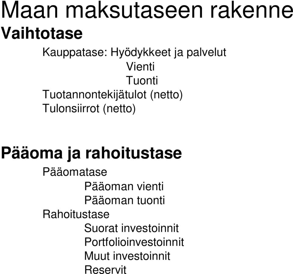 (netto) Pääoma ja rahoitustase Pääomatase Pääoman vienti Pääoman