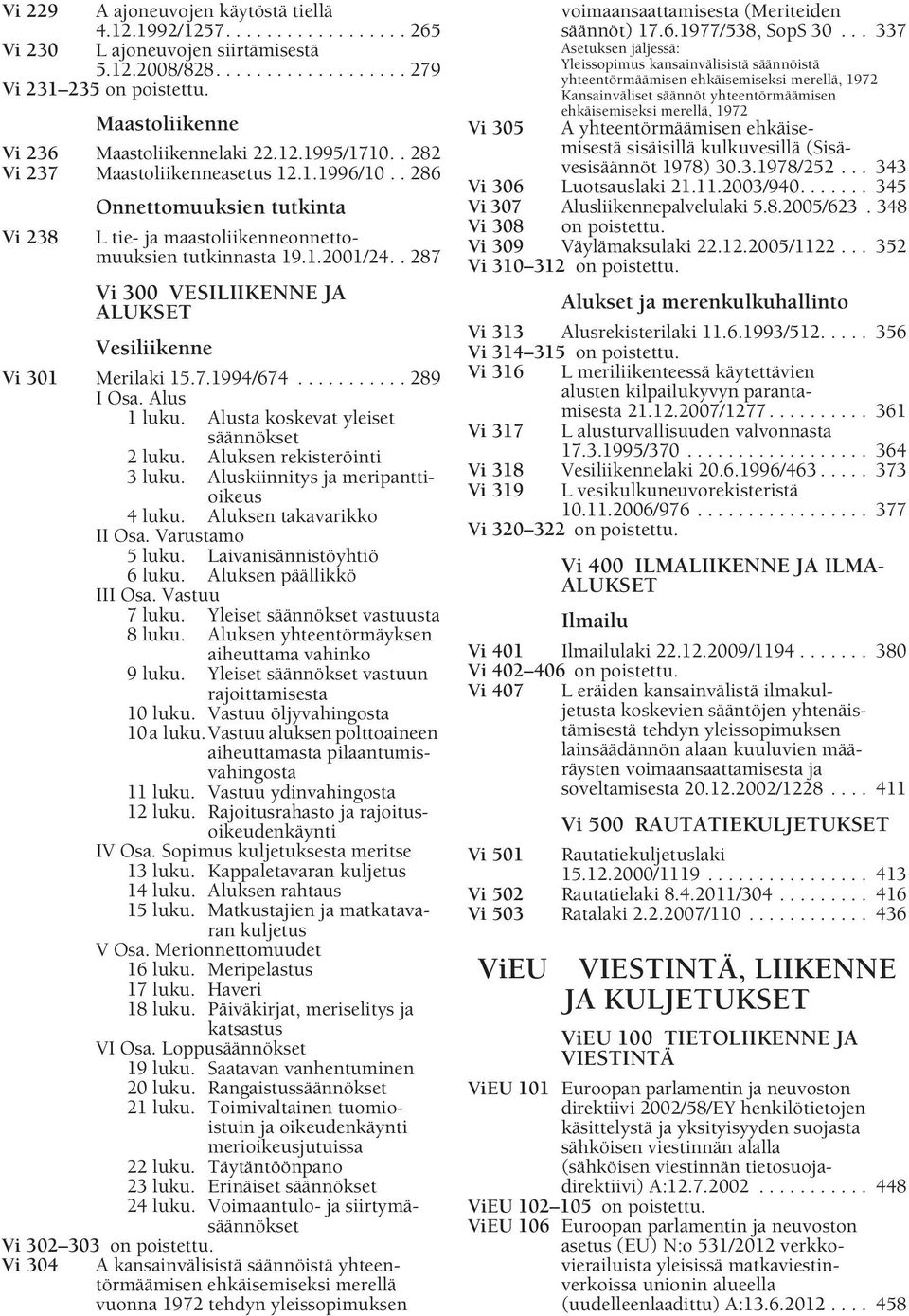 . 287 Vi 300 VESILIIKENNE JA ALUKSET Vesiliikenne Vi 301 Merilaki 15.7.1994/674........... 289 I Osa. Alus 1 luku. Alusta koskevat yleiset säännökset 2 luku. Aluksen rekisteröinti 3 luku.