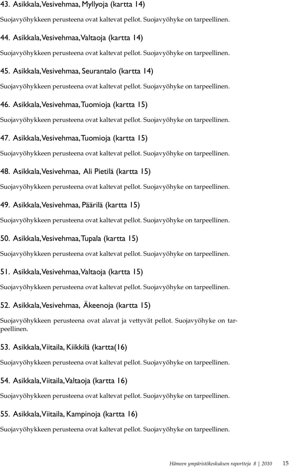 Asikkala, Vesivehmaa, Päärilä (kartta 15) 50. Asikkala, Vesivehmaa, Tupala (kartta 15) 51. Asikkala, Vesivehmaa, Valtaoja (kartta 15) 52.