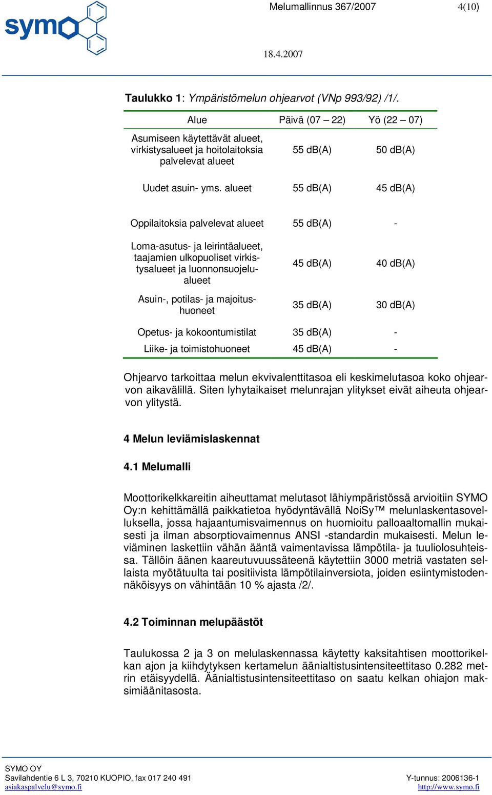 alueet 55 db(a) 45 db(a) Oppilaitoksia palvelevat alueet 55 db(a) - Loma-asutus- ja leirintäalueet, taajamien ulkopuoliset virkistysalueet ja luonnonsuojelualueet Asuin-, potilas- ja majoitushuoneet