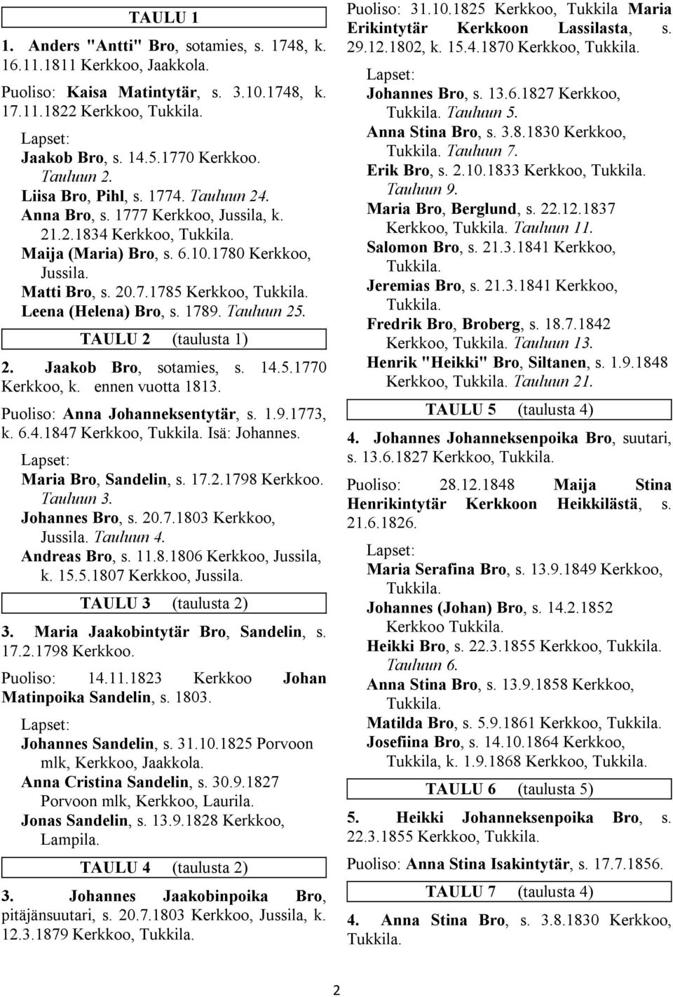 1789. Tauluun 25. TAULU 2 (taulusta 1) 2. Jaakob Bro, sotamies, s. 14.5.1770 Kerkkoo, k. ennen vuotta 1813. Puoliso: Anna Johanneksentytär, s. 1.9.1773, k. 6.4.1847 Kerkkoo, Isä: Johannes.