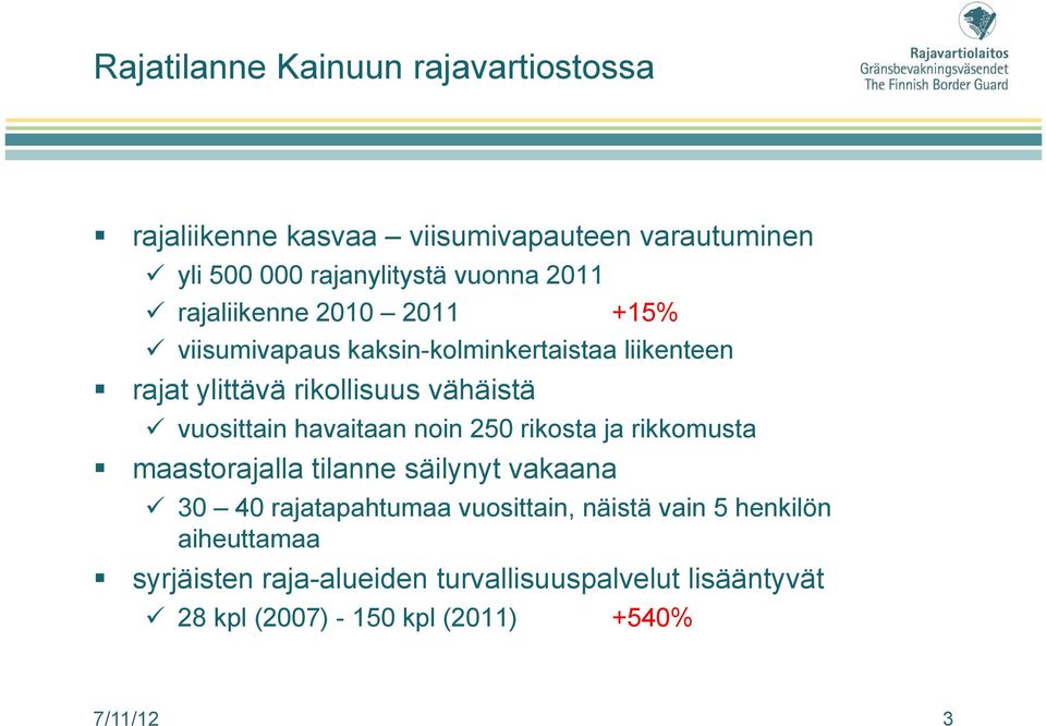 havaitaan noin 250 rikosta ja rikkomusta maastorajalla tilanne säilynyt vakaana 30 40 rajatapahtumaa vuosittain, näistä vain