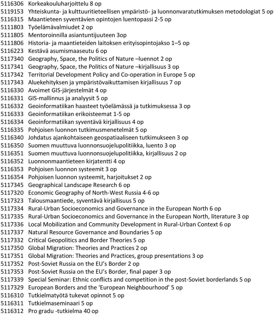 Geography, Space, the Politics of Nature luennot 2 op 5117341 Geography, Space, the Politics of Nature kirjallisuus 3 op 5117342 Territorial Development Policy and Co-operation in Europe 5 op 5117343