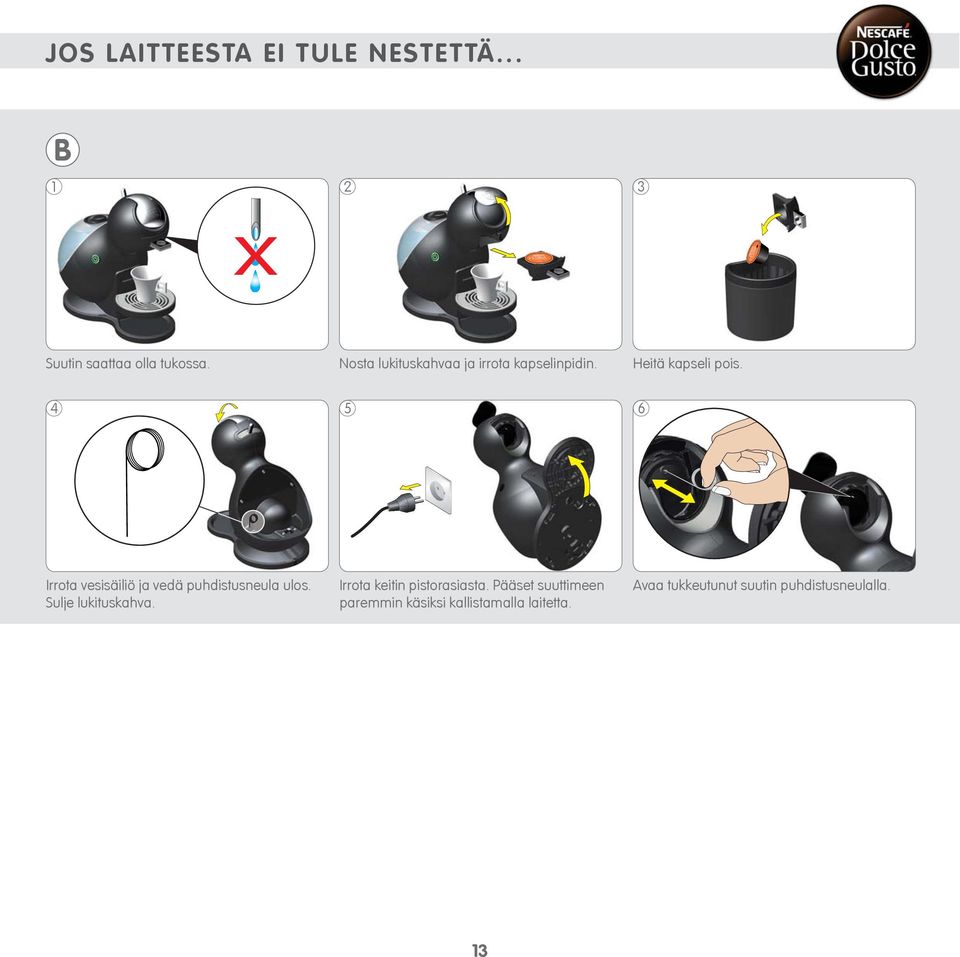 4 5 6 Irrota vesisäiliö ja vedä puhdistusneula ulos. Sulje lukituskahva.