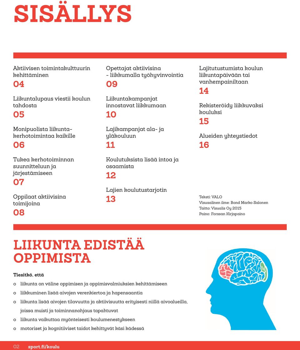 yhteystiedot 16 Tukea kerhotoiminnan suunnitteluun ja järjestämiseen 07 Oppilaat aktiivisina toimijoina 08 Koulutuksista lisää intoa ja osaamista 12 Lajien koulutustarjotin 13 Teksti: VALO