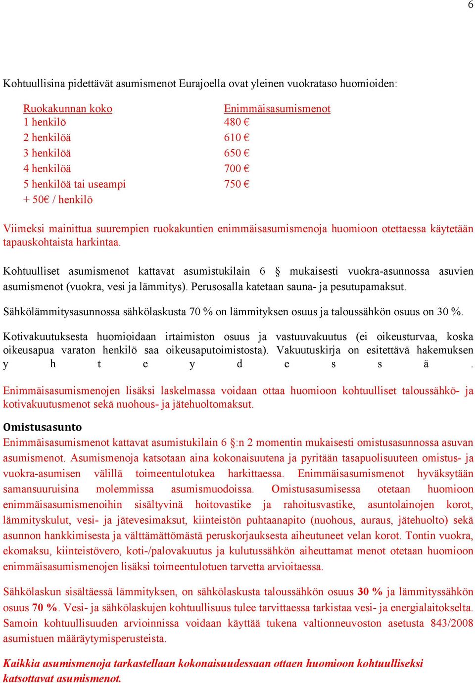 Kohtuulliset asumismenot kattavat asumistukilain 6 mukaisesti vuokra-asunnossa asuvien asumismenot (vuokra, vesi ja lämmitys). Perusosalla katetaan sauna- ja pesutupamaksut.