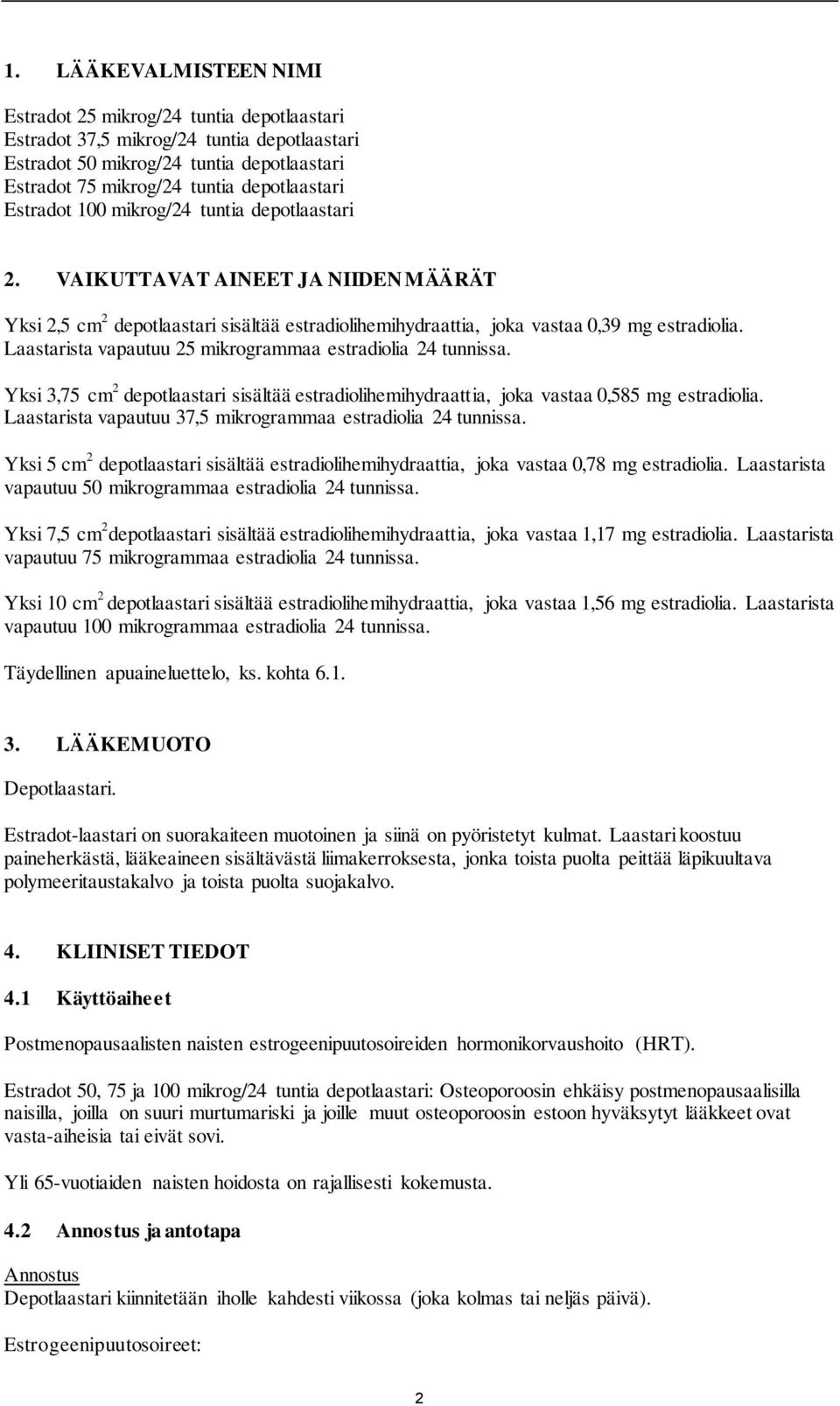 Laastarista vapautuu 25 mikrogrammaa estradiolia 24 tunnissa. Yksi 3,75 cm 2 depotlaastari sisältää estradiolihemihydraattia, joka vastaa 0,585 mg estradiolia.
