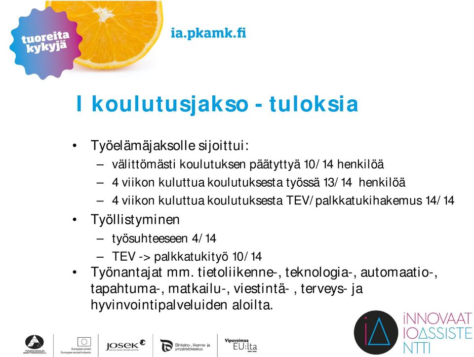 TEV/palkkatukihakemus 14/14 Työllistyminen työsuhteeseen 4/14 TEV -> palkkatukityö 10/14 Työnantajat mm.