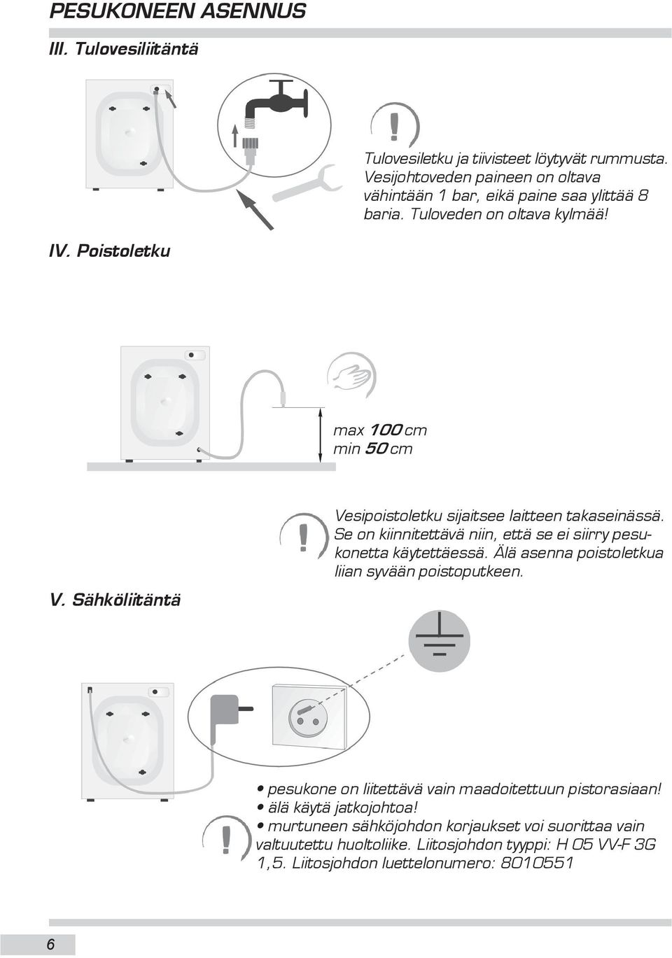 Sähköliitäntä Vesipoistoletku sijaitsee laitteen takaseinässä. Se on kiinnitettävä niin, että se ei siirry pesukonetta käytettäessä.