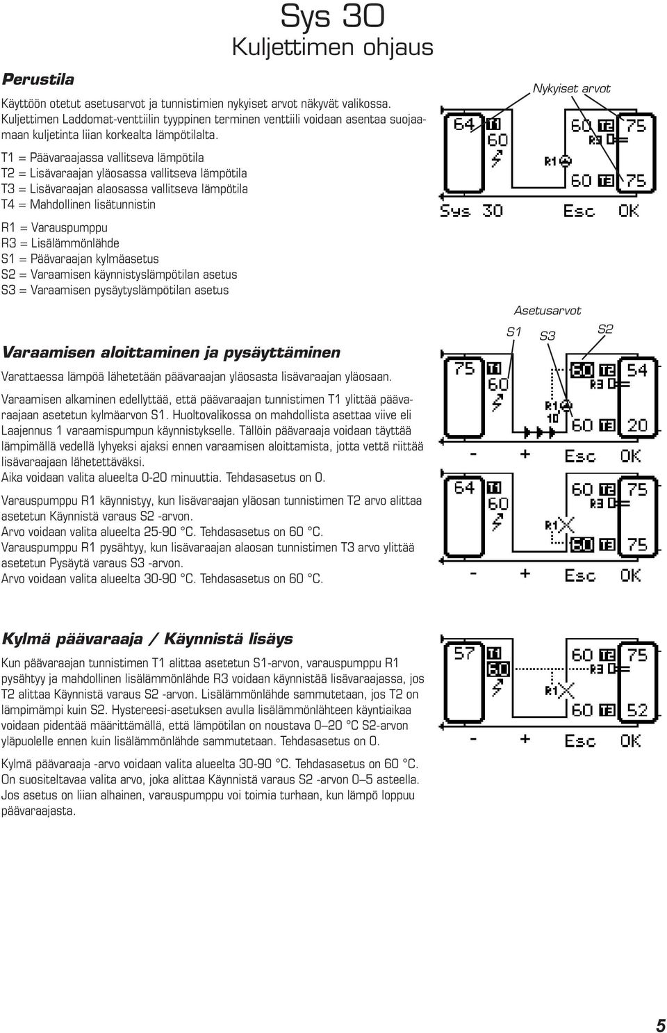 Päävaraajan kylmäasetus S2 = Varaamisen käynnistyslämpötilan asetus = Varaamisen pysäytyslämpötilan asetus Varaamisen aloittaminen ja pysäyttäminen Varattaessa lämpöä lähetetään päävaraajan yläosasta