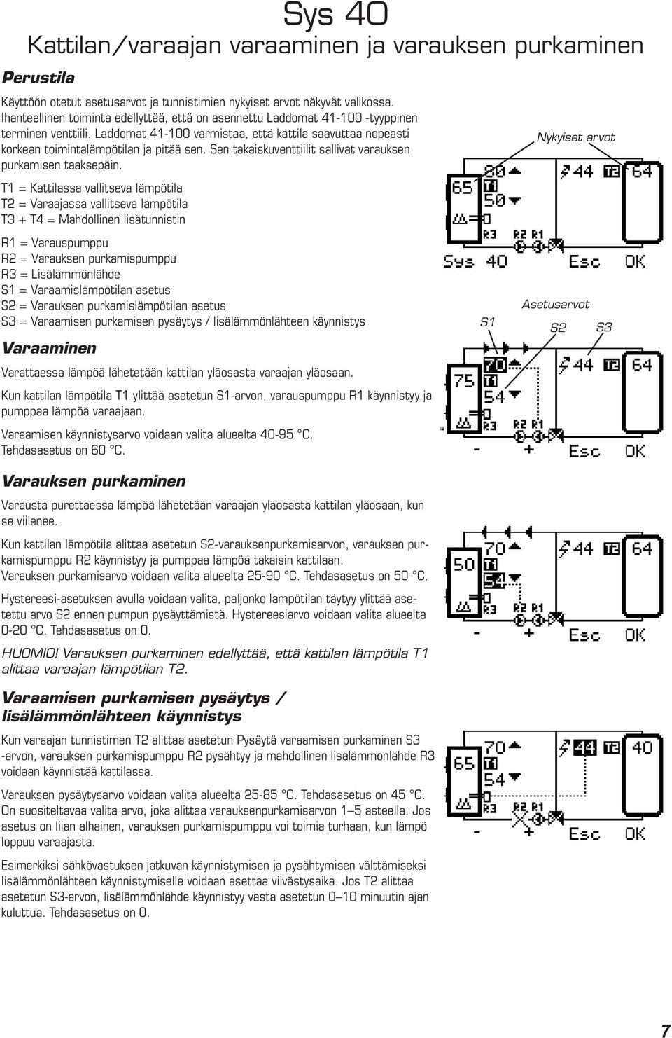 T1 = Kattilassa vallitseva lämpötila T2 = Varaajassa vallitseva lämpötila T3 + T4 = Mahdollinen lisätunnistin R2 = Varauksen purkamispumppu R3 = Lisälämmönlähde = Varaamislämpötilan asetus S2 =