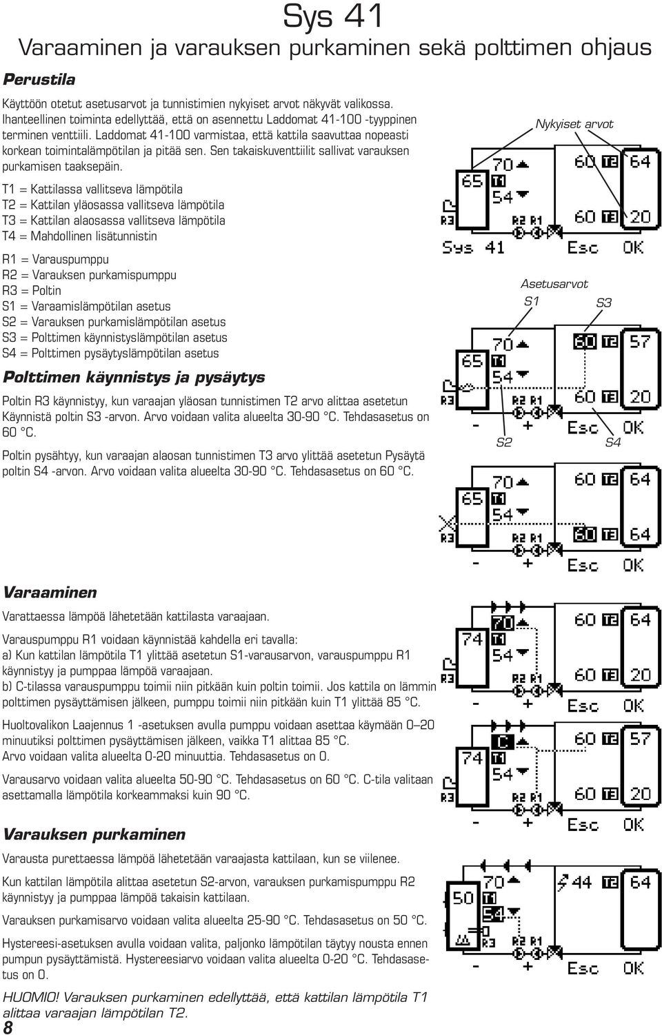 T1 = Kattilassa vallitseva lämpötila T2 = Kattilan yläosassa vallitseva lämpötila T3 = Kattilan alaosassa vallitseva lämpötila T4 = Mahdollinen lisätunnistin R2 = Varauksen purkamispumppu R3 = Poltin