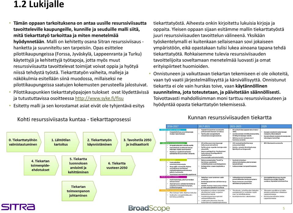 Opas esittelee pilottikaupungeissa (Forssa, Jyväskylä, Lappeenranta ja Turku) käytettyjä ja kehitettyjä työtapoja, jotta myös muut resurssiviisautta tavoittelevat toimijat voivat oppia ja hyötyä