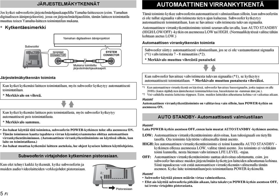 * Kytkentäesimerkki Järjestelmäkytkennän toiminta Jos haluat käyttää tätä toimintoa, subwooferin POWER-kytkimen tulee olla asennossa ON.