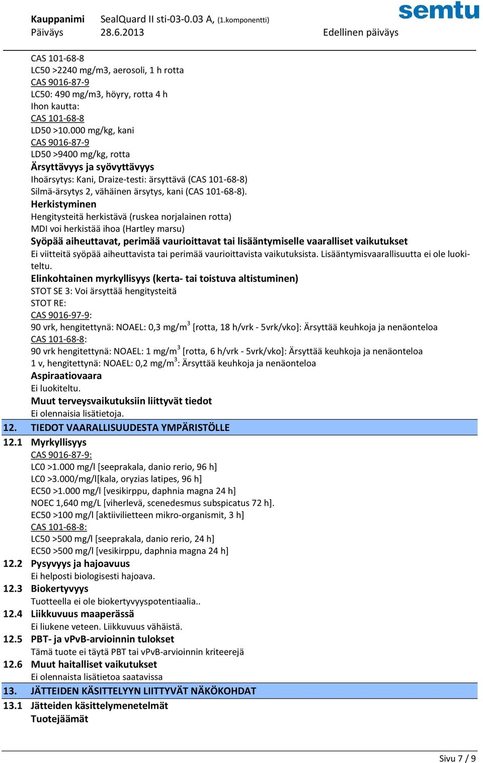Herkistyminen Hengitysteitä herkistävä (ruskea norjalainen rotta) MDI voi herkistää ihoa (Hartley marsu) Syöpää aiheuttavat, perimää vaurioittavat tai lisääntymiselle vaaralliset vaikutukset Ei