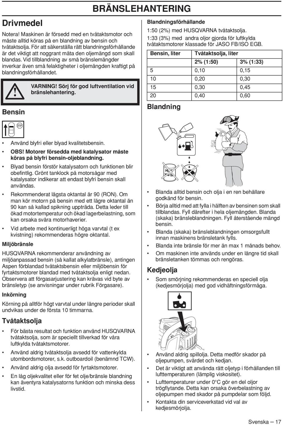 Vid tillblandning av små bränslemängder inverkar även små felaktigheter i oljemängden kraftigt på blandningsförhållandet. Bensin VARNING Sörj för god luftventilation vid bränslehantering.