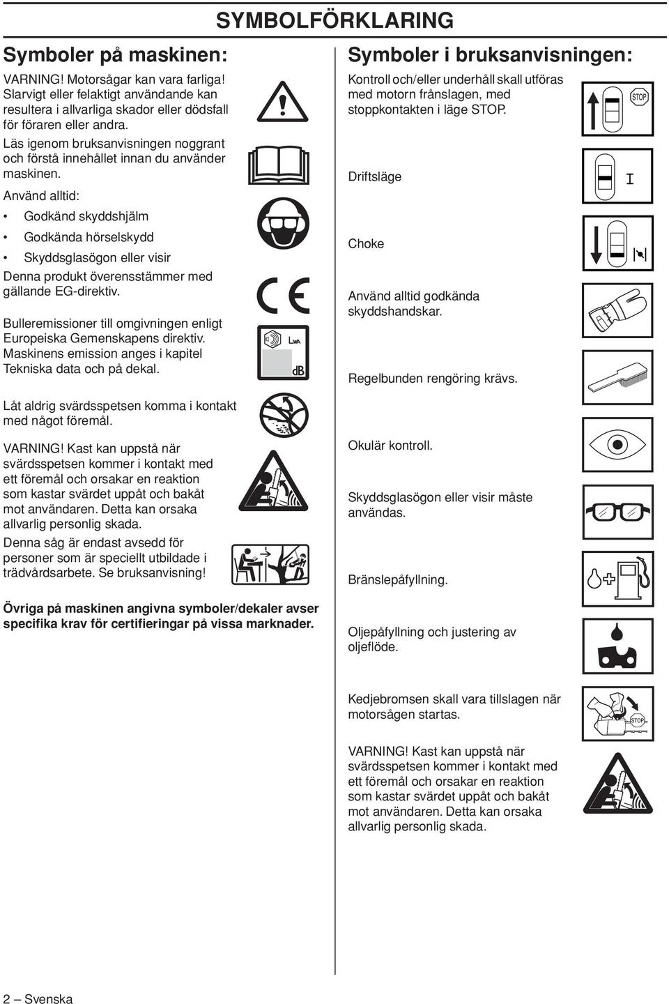 Använd alltid: Godkänd skyddshjälm Godkända hörselskydd Skyddsglasögon eller visir Denna produkt överensstämmer med gällande EG-direktiv.