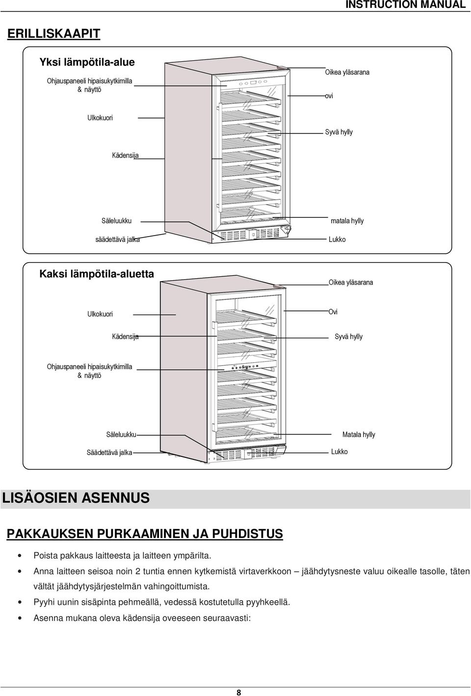 ASENNUS PAKKAUKSEN PURKAAMINEN JA PUHDISTUS Poista pakkaus laitteesta ja laitteen ympärilta.