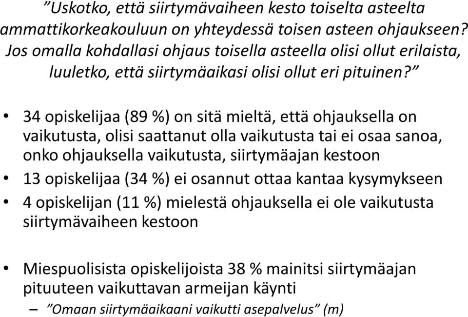 34 opiskelijaa (89 %) on sitä mieltä, että ohjauksella on vaikutusta, olisi saattanut olla vaikutusta tai ei osaa sanoa, onko ohjauksella vaikutusta, siirtymäajan kestoon 13