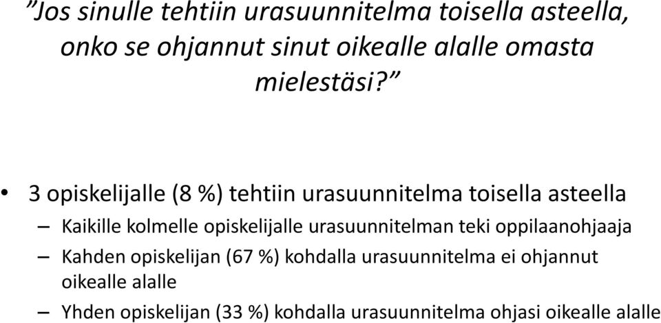 3 opiskelijalle (8 %) tehtiin urasuunnitelma toisella asteella Kaikille kolmelle opiskelijalle