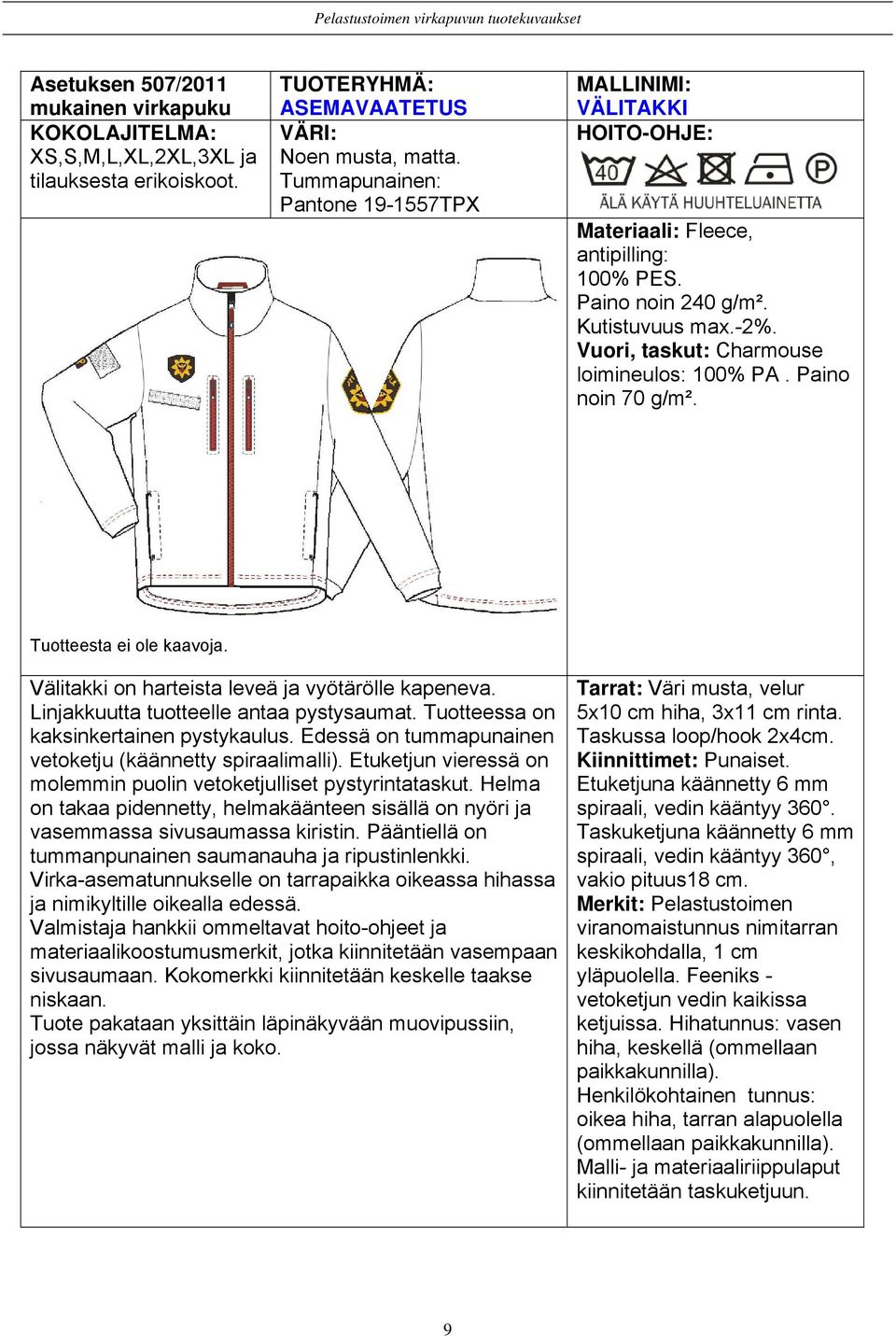 Linjakkuutta tuotteelle antaa pystysaumat. Tuotteessa on kaksinkertainen pystykaulus. Edessä on tummapunainen vetoketju (käännetty spiraalimalli).