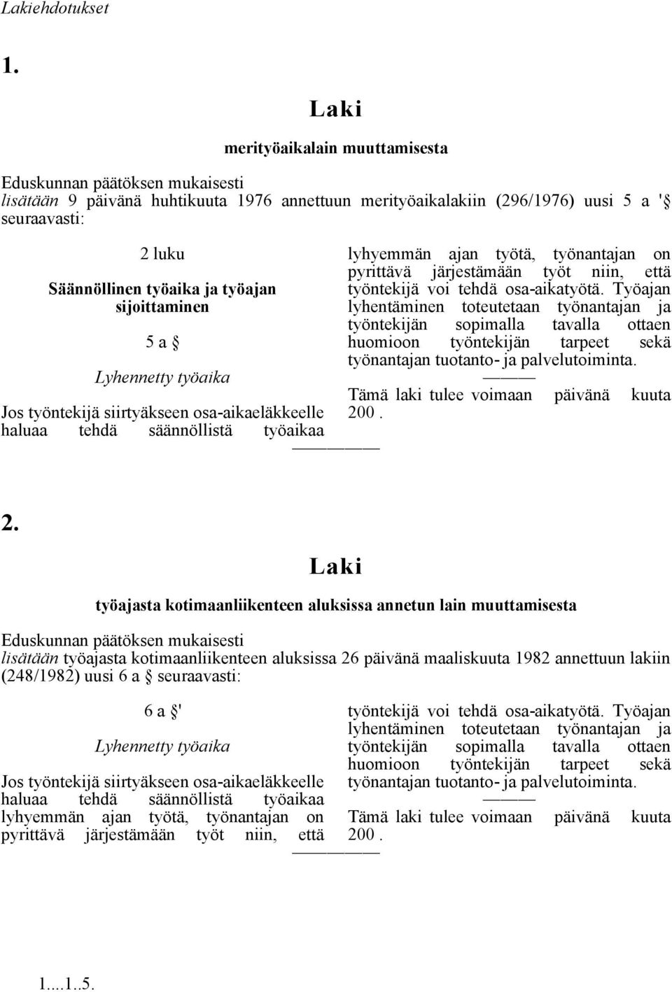 työajan sijoittaminen 5 a Lyhennetty työaika Jos työntekijä siirtyäkseen osa-aikaeläkkeelle haluaa tehdä säännöllistä työaikaa lyhyemmän ajan työtä, työnantajan on pyrittävä järjestämään työt niin,