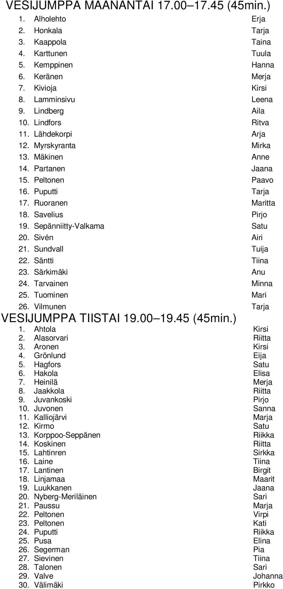 Sepänniitty-Valkama Satu 20. Sivén Airi 21. Sundvall Tuija 22. Säntti Tiina 23. Särkimäki Anu 24. Tarvainen Minna 25. Tuominen Mari 26. Vilmunen Tarja VESIJUMPPA TIISTAI 19.00 19.45 (45min.) 1.