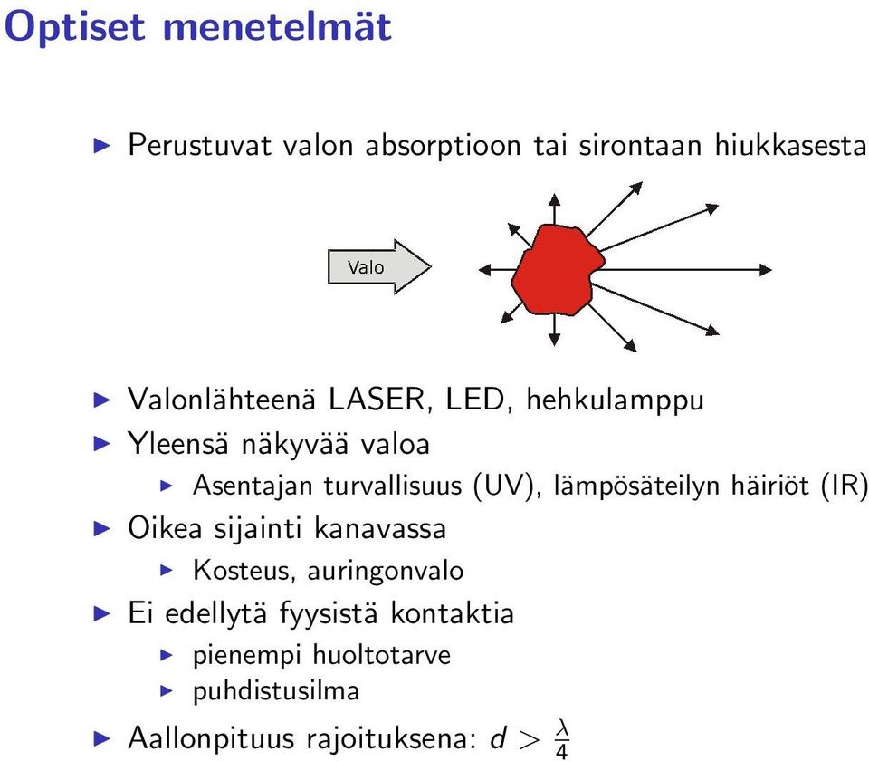 (UV), lämpösäteilyn häiriöt (IR) Oikea sijainti kanavassa Kosteus, auringonvalo Ei