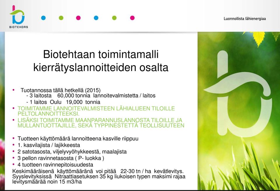 LISÄKSI TOIMITAMME MAANPARANNUSLANNOSTA TILOILLE JA MULLANTUOTTAJILLE, SEKÄ TYPPINESTETTÄ TEOLLISUUTEEN Tuotteen käyttömäärä lannoitteena kasville riippuu 1.