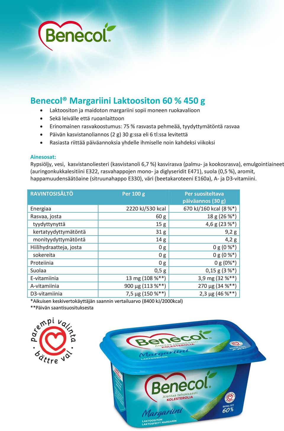 (kasvistanoli 6,7 %) kasvirasva (palmu- ja kookosrasva), emulgointiaineet (auringonkukkalesitiini E322, rasvahappojen mono- ja diglyseridit E471), suola (0,5 %), aromit, happamuudensäätöaine