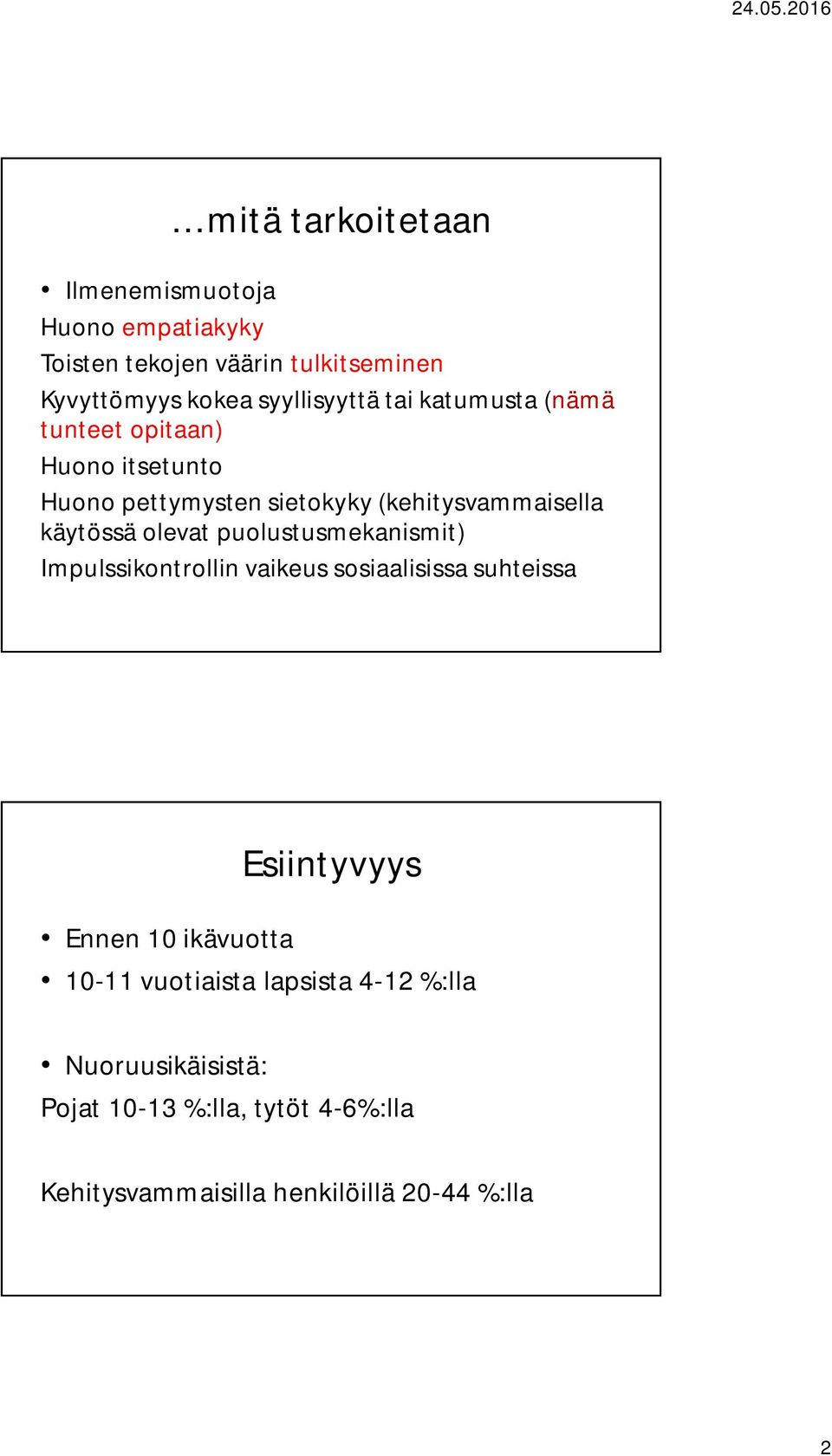 käytössä olevat puolustusmekanismit) Impulssikontrollin vaikeus sosiaalisissa suhteissa Ennen 10 ikävuotta Esiintyvyys