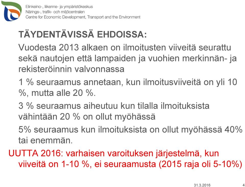 3 % seuraamus aiheutuu kun tilalla ilmoituksista vähintään 20 % on ollut myöhässä 5% seuraamus kun ilmoituksista on ollut