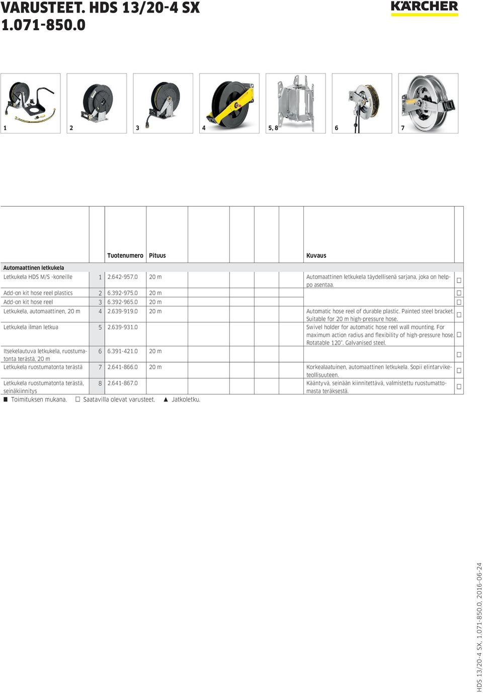 Painted steel bracket. Suitable for 20 m high-pressure hose. Letkukela ilman letkua 5 2.639-931.0 Swivel holder for automatic hose reel wall mounting.