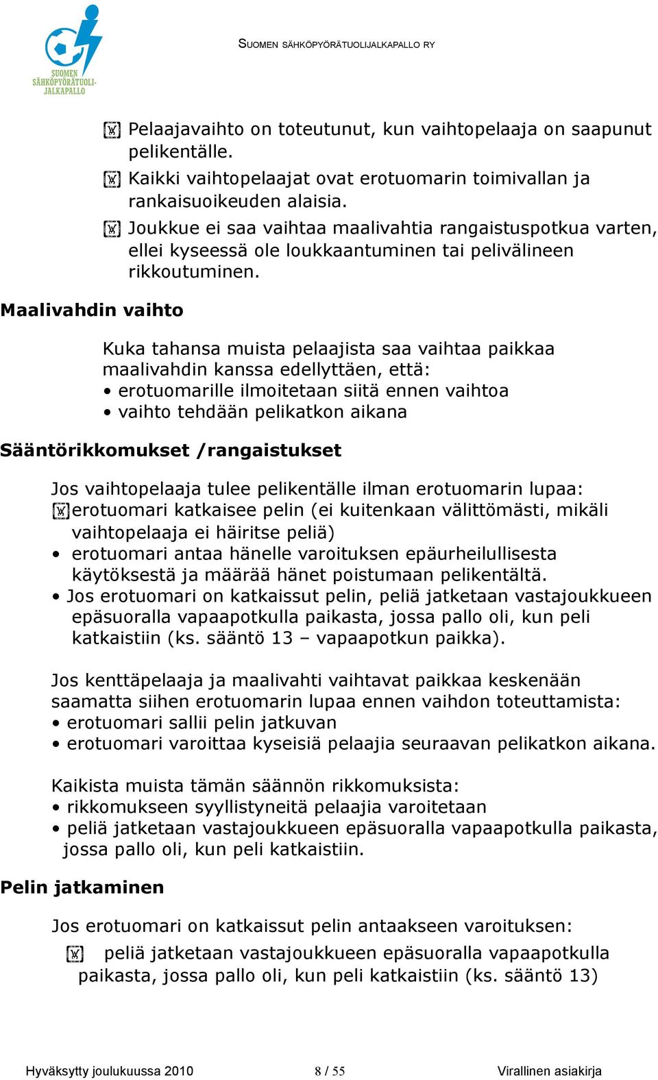 Kuka tahansa muista pelaajista saa vaihtaa paikkaa maalivahdin kanssa edellyttäen, että: erotuomarille ilmoitetaan siitä ennen vaihtoa vaihto tehdään pelikatkon aikana Sääntörikkomukset