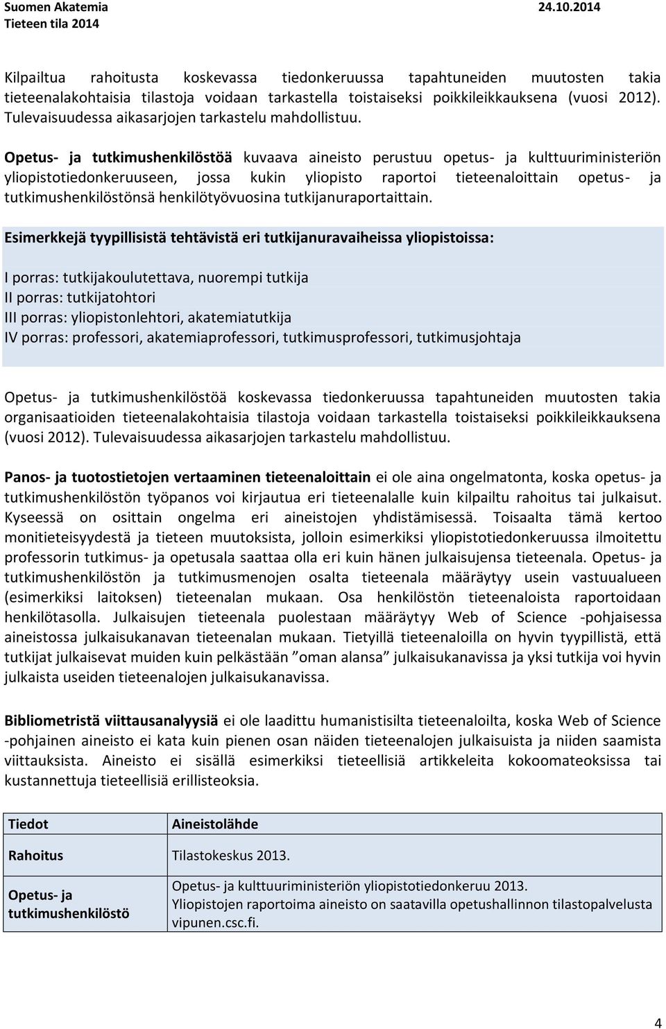 Opetus- ja tutkimushenkilöstöä kuvaava aineisto perustuu opetus- ja kulttuuriministeriön yliopistotiedonkeruuseen, jossa kukin yliopisto raportoi tieteenaloittain opetus- ja tutkimushenkilöstönsä