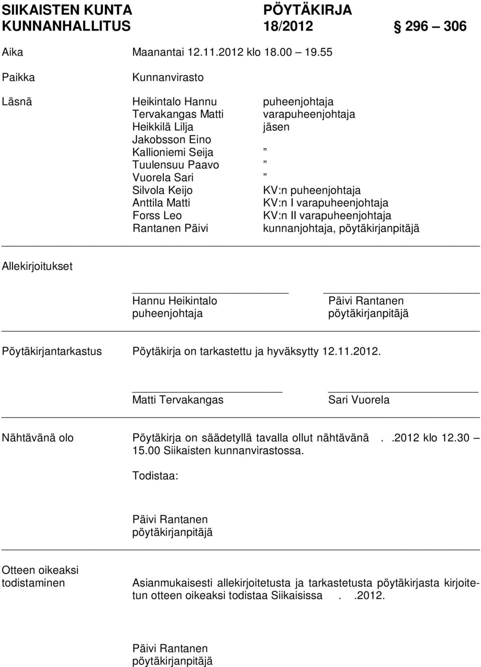 puheenjohtaja Anttila Matti KV:n I varapuheenjohtaja Forss Leo KV:n II varapuheenjohtaja Rantanen Päivi kunnanjohtaja, pöytäkirjanpitäjä Allekirjoitukset Hannu Heikintalo Päivi Rantanen puheenjohtaja