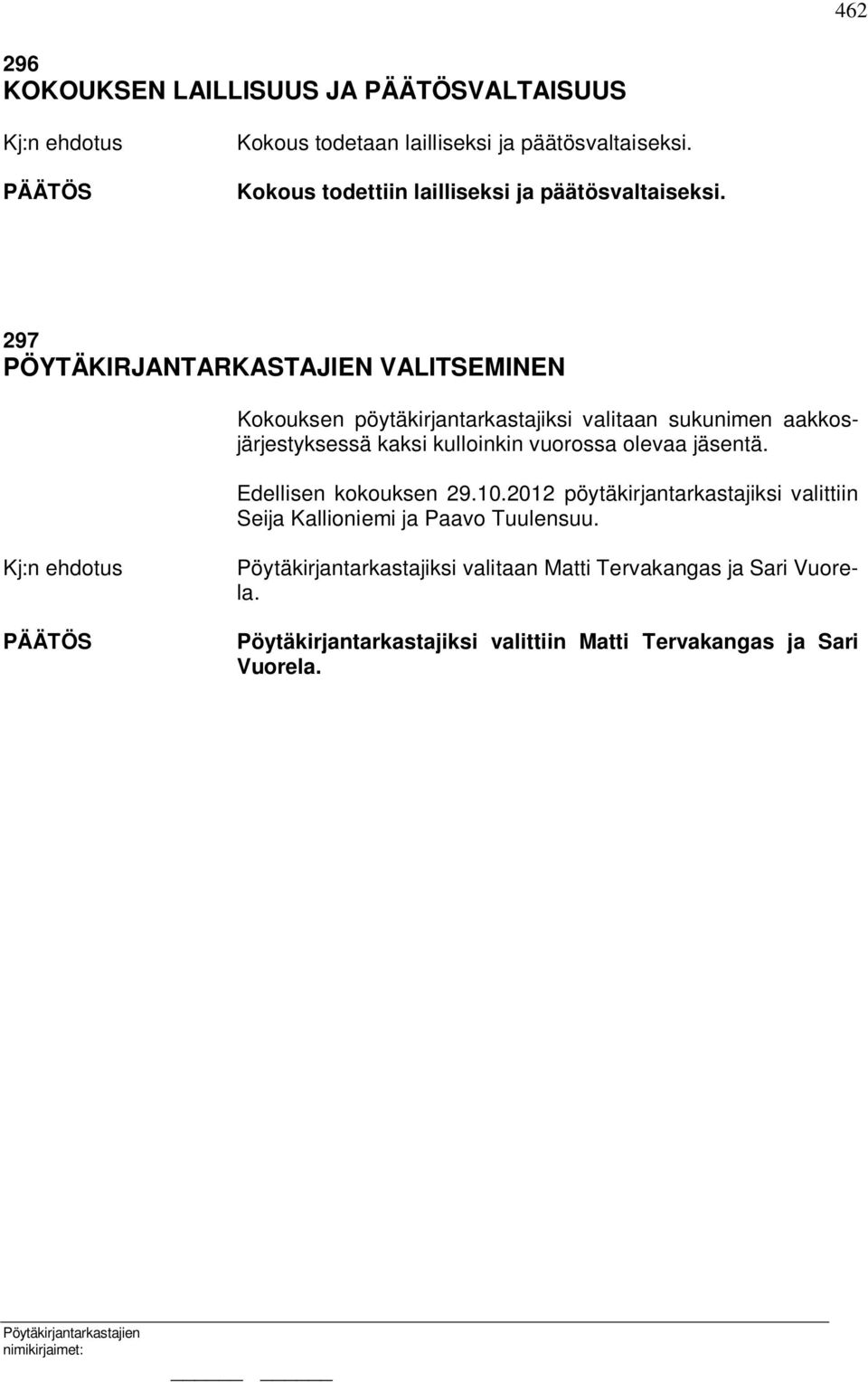 297 PÖYTÄKIRJANTARKASTAJIEN VALITSEMINEN Kokouksen pöytäkirjantarkastajiksi valitaan sukunimen aakkosjärjestyksessä kaksi kulloinkin vuorossa