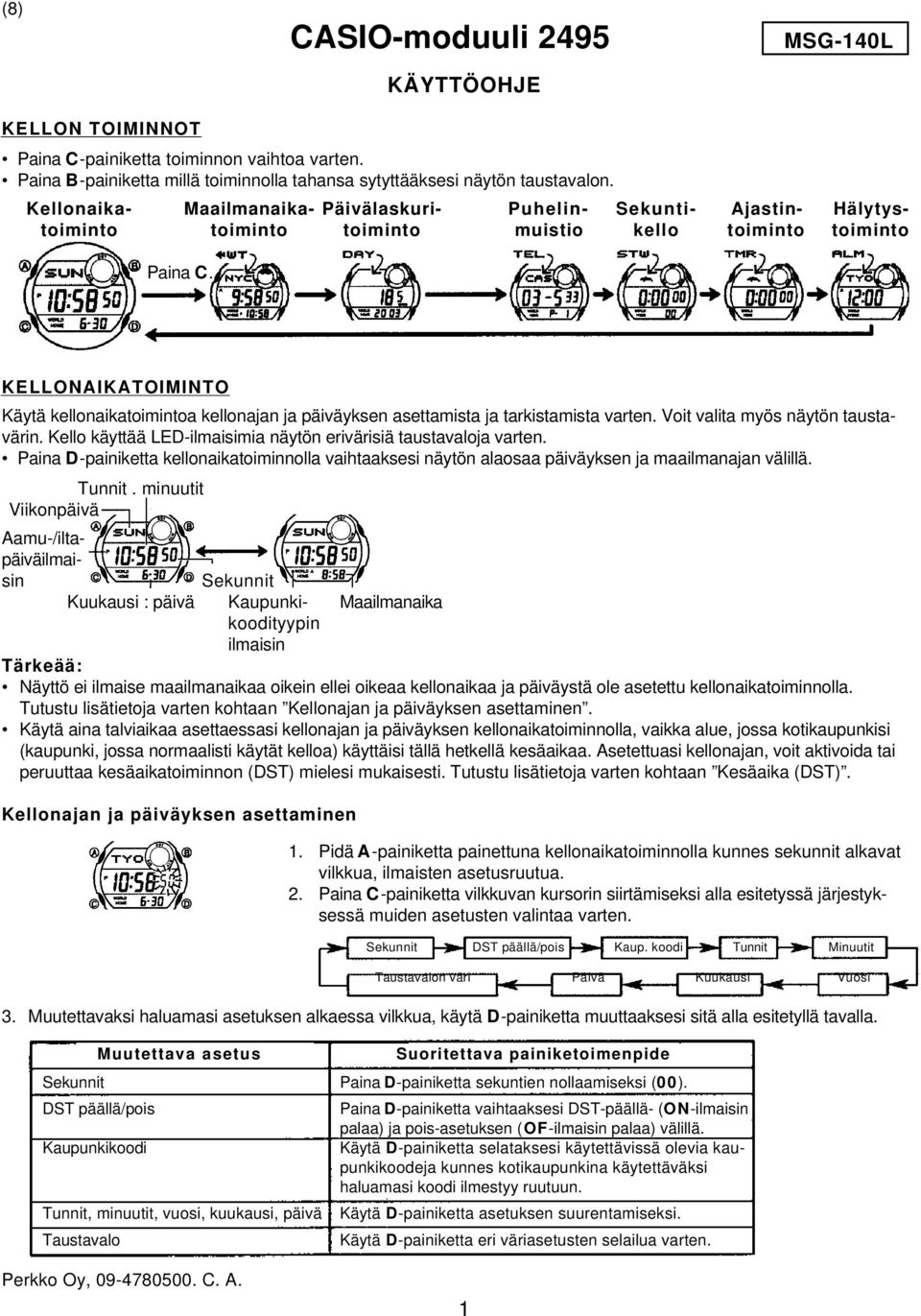 KELLONAIKATOIMINTO Käytä kellonaikatoimintoa kellonajan ja päiväyksen asettamista ja tarkistamista varten. Voit valita myös näytön taustavärin.